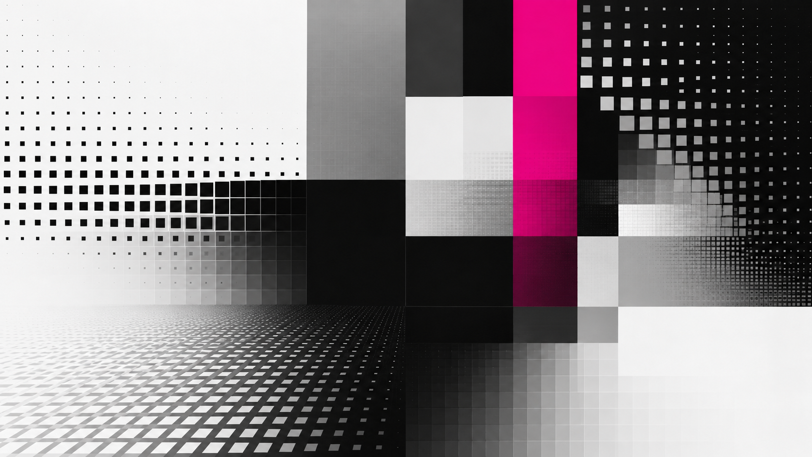 Champ de pixels noir et blanc traversé par une coupe magenta